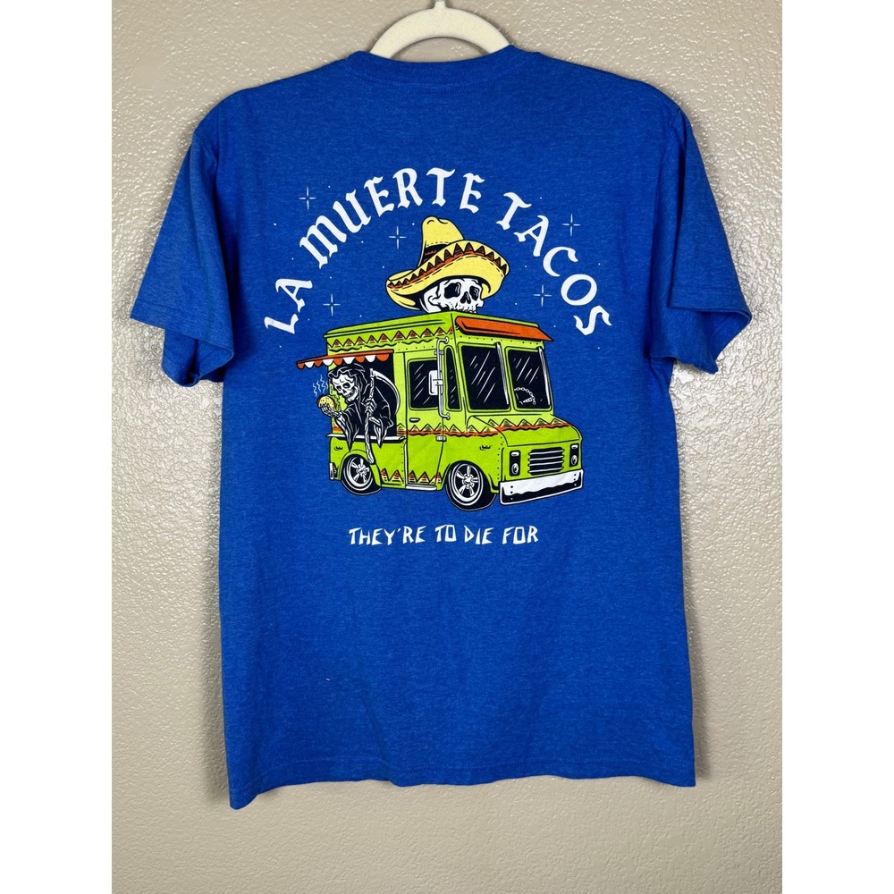 La Muerte Tacos Graphic T-Shirt Blue Skull Taco Truck Tee Soft‎ Size S